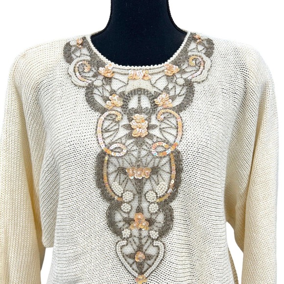 Lilly of Calfornia Sweaters - 80s Lilly Of California Winter White Sequin Beaded Wool Blend Holiday Sweater